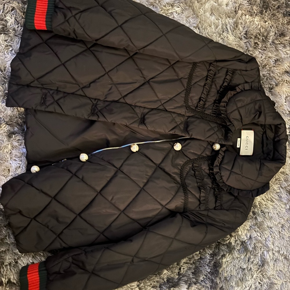 Gucci Kids Black Quilted Puffer Jacket with Red and Green Trim